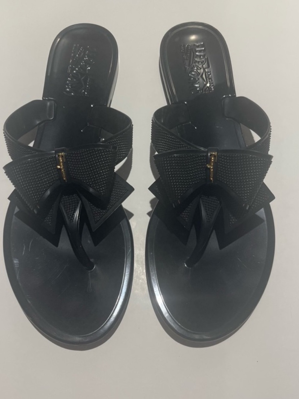 Salvatore Ferragamo Black Bow Jelly Thong Sandals with Gold Logo Accent - Picture 6 of 13